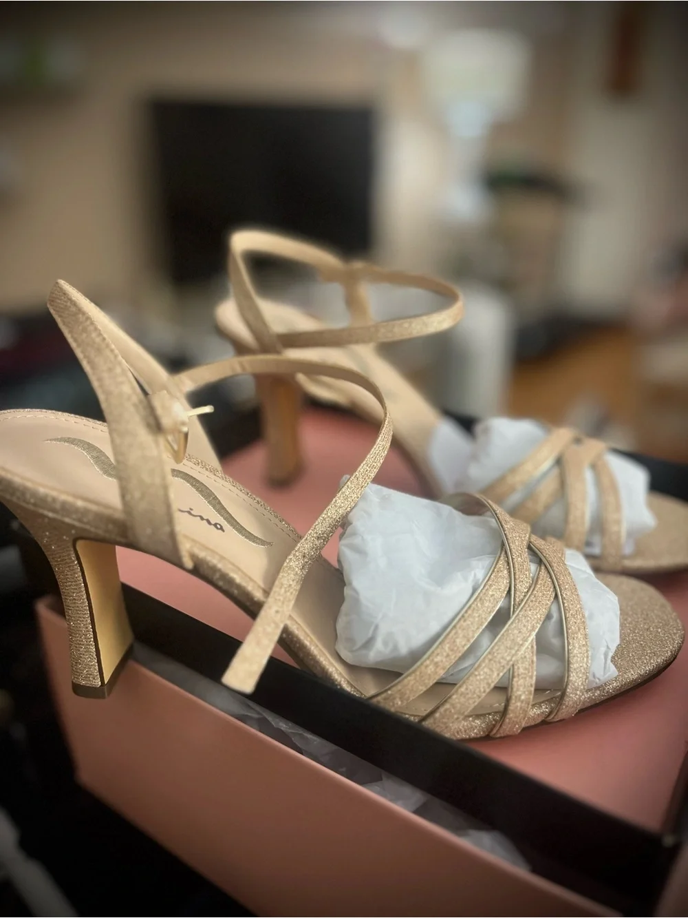 Size 10W Nina Amina Sandals    Gold Strappy Ankle‑Buckle Heels - Women